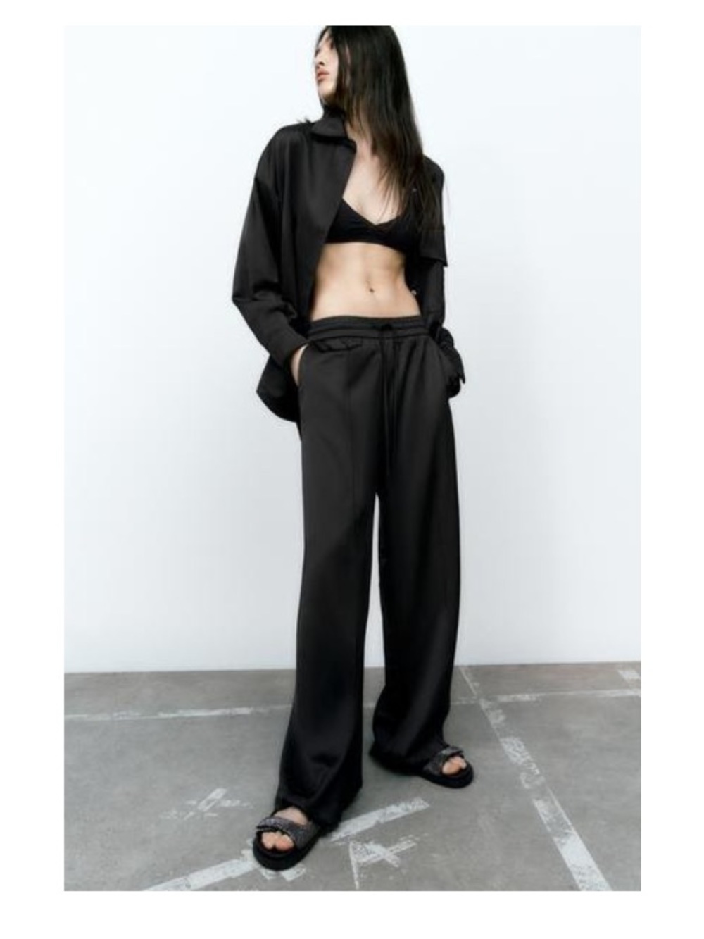 Zara Black Satin Wide-Leg Pants